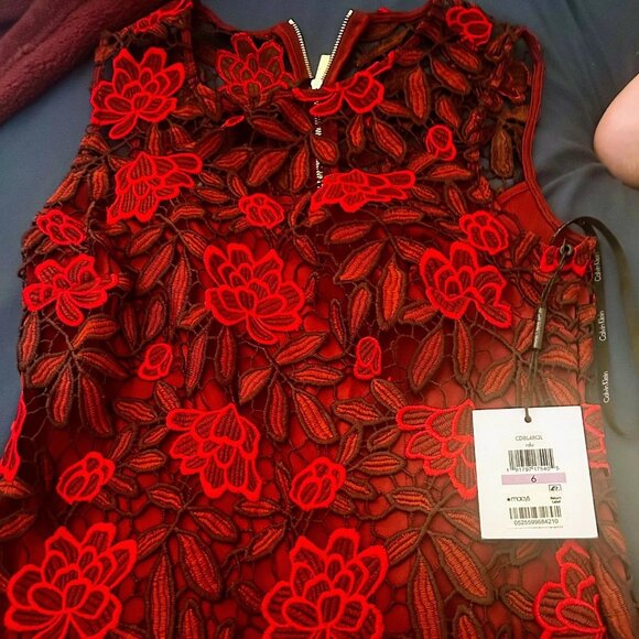 Calvin Klein Two-Tone Lace Sheath Dress - Size 6 | NWT Rosewood Red Midi - Picture 8 of 14